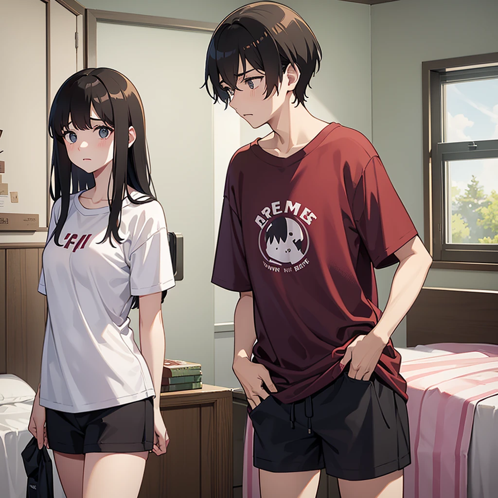 "Create an image split vertically in half, showing Alex and Sofia on opposite sides. They are both in their respective bedrooms, wearing pajamas, and looking down into their shorts with expressions of shock and fright. The vertical dividing line should highlight the difference in environments and the unusual situation." Alex: "A 16-year-old, athletic young man with short, dark brown hair, wearing men's pajamas (short-sleeved t-shirt and shorts). room decorated with sports themes, looking down into her shorts with an expression of shock and fright." Sofia: "A 16-year-old girl, slender, with long light brown hair, wearing women's pajamas (pajama top and shorts) . She is standing on the right side of the image, in a softly decorated room, looking down into her shorts with an expression of shock and fright." Divider: "The image is divided vertically in half, highlighting the difference between the rooms and the unusual situation of the two teenagers switching bodies." "Both characters are dressed in their pajamas, each in their room, with a vertical dividing line between them, looking down their shorts with expressions of shock and fright." 