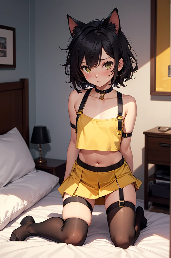 femboy, (flat chest:1), miniskirt with side slit, crop top, armwear, background:bedroom, choker, thigh highs, messy hair, amber eyes, [cat ear accessory], blushing, high_quality, masterpiece, 4k, on bed, kneeling on bed, small proportions, (yellow and black clothes), ((straps on body))
