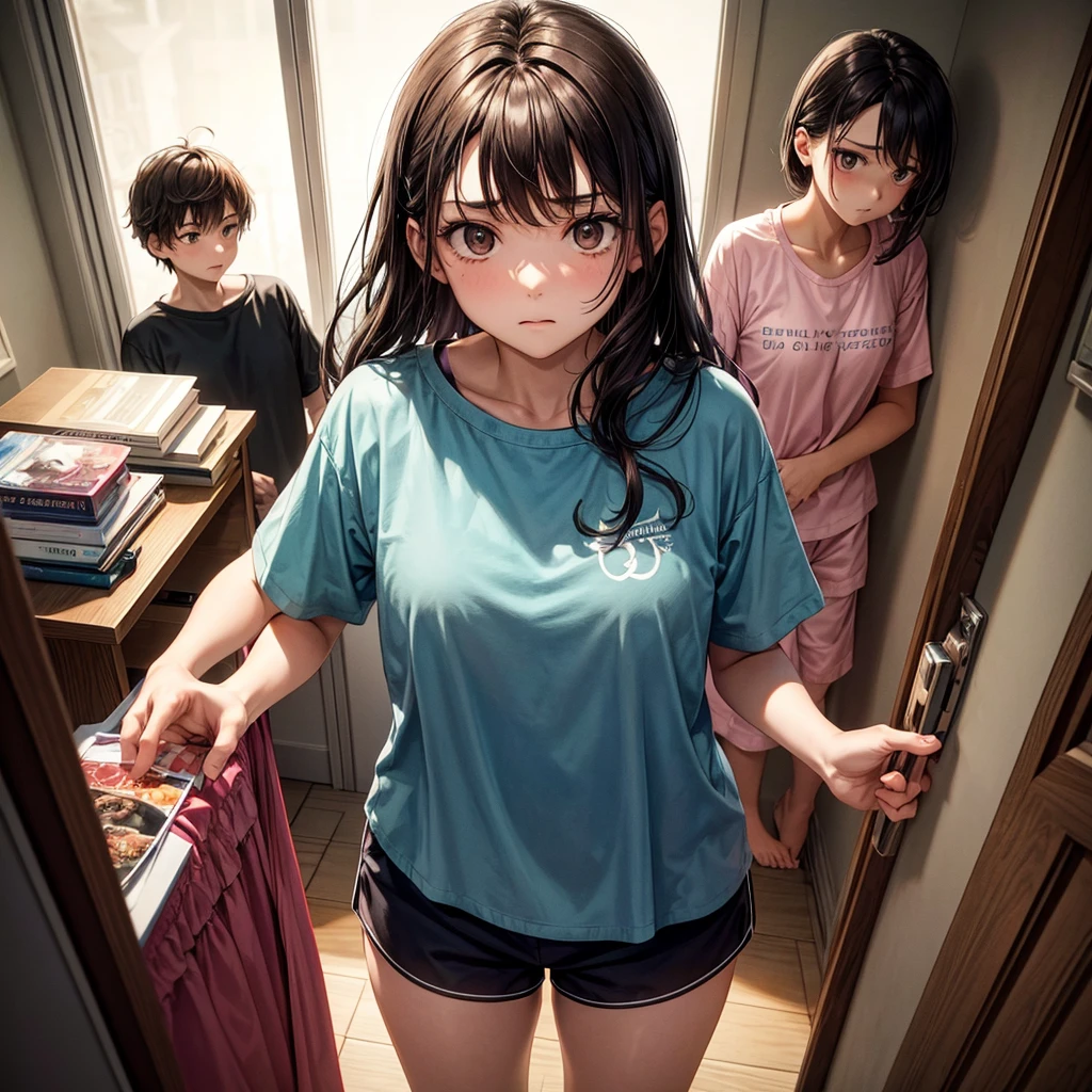 "Create an image split vertically in half, showing Alex and Sofia on opposite sides. They are both in their respective bedrooms, wearing pajamas, and looking down into their shorts with expressions of shock and fright. The vertical dividing line should highlight the difference in environments and the unusual situation." Alex: "A 16-year-old, athletic young man with short, dark brown hair, wearing men's pajamas (short-sleeved t-shirt and shorts). room decorated with sports themes, looking down into her shorts with an expression of shock and fright." Sofia: "A , slender, with long light brown hair, wearing women's pajamas (pajama top and shorts) . She is standing on the right side of the image, in a softly decorated room, looking down into her shorts with an expression of shock and fright." Divider: "The image is divided vertically in half, highlighting the difference between the rooms and the unusual situation of the two teenagers switchbodies." "Both characters are dressed in their pajamas, each in their room, with a vertical dividing line between them, looking down their shorts with expressions of shock and fright."