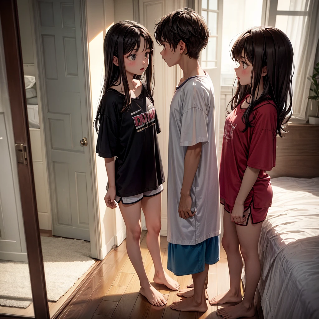 "Create an image split vertically in half, showing Alex and Sofia on opposite sides. They are both in their respective bedrooms, wearing pajamas, and looking down into their shorts with expressions of shock and fright. The vertical dividing line should highlight the difference in environments and the unusual situation." Alex: "A 16-year-old, athletic young man with short, dark brown hair, wearing men's pajamas (short-sleeved t-shirt and shorts). room decorated with sports themes, looking down into her shorts with an expression of shock and fright." Sofia: "A , slender, with long light brown hair, wearing women's pajamas (pajama top and shorts) . She is standing on the right side of the image, in a softly decorated room, looking down into her shorts with an expression of shock and fright." Divider: "The image is divided vertically in half, highlighting the difference between the rooms and the unusual situation of the two teenagers switchbodies." "Both characters are dressed in their pajamas, each in their room, with a vertical dividing line between them, looking down their shorts with expressions of shock and fright."