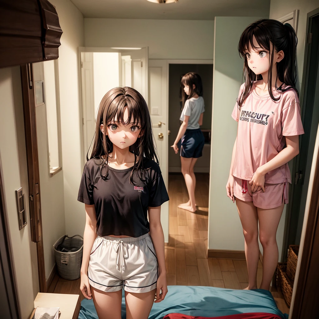"Create an image split vertically in half, showing Alex and Sofia on opposite sides. They are both in their respective bedrooms, wearing pajamas, and looking down into their shorts with expressions of shock and fright. The vertical dividing line should highlight the difference in environments and the unusual situation." Alex: "A 16-year-old, athletic young man with short, dark brown hair, wearing men's pajamas (short-sleeved t-shirt and shorts). room decorated with sports themes, looking down into her shorts with an expression of shock and fright." Sofia: "A 16-year-old girl, slender, with long light brown hair, wearing women's pajamas (pajama top and shorts) . She is standing on the right side of the image, in a softly decorated room, looking down into her shorts with an expression of shock and fright." Divider: "The image is divided vertically in half, highlighting the difference between the rooms and the unusual situation of the two teenagers switching bodies." "Both characters are dressed in their pajamas, each in their room, with a vertical dividing line between them, looking down their shorts with expressions of shock and fright."