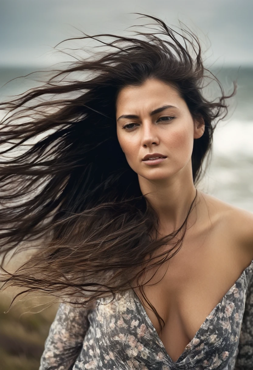 woman with long hair standing., windblown dark hair, by Karl Büsgen, windy hair, wet skin and hair blown by the wind, wind in hair, hair blown by the wind, by Silvia Pelissero, windy mood, hair floating in the wind, by Lucía Peka, hair blown by the wind