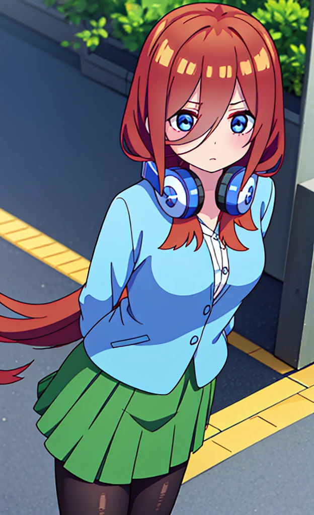 masterpiece,Highest quality,1 Girl,alone,Pokémon-like art style,(bold:1.6),(flat:1.5), miku nakano, Long Hair, bangs, blue eyes, Brown Hair, shirt, Hair between the eyes, Headphones, Headphones AROUND NECK,
skirt, shirt, Long sleeve, WHITE shirt, Black Pantyhose, PLEATED skirt, Black Pantyhose, cardigan, GREEN skirt, light BLUE cardigan, Big Breasts