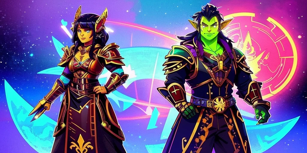 Ancient anime style, artbook, comicbook, RPG, futuristic medieval.  Goblin God, with human face with glowing tribal magic tattoos, neon details, with technological tribal armor with glowing magic marks, full body, bare feet, spear with glowing magic marks.  Epic scene, wide and deep scenery, with several depth planes, stylish and dynamic pose.  In the middle of a magical steampunk technological village, mixing technology and vegetation, buildings with neon details and glowing magical vegetation, magical technological airships with shiny details inspired by ships flying in the sky.