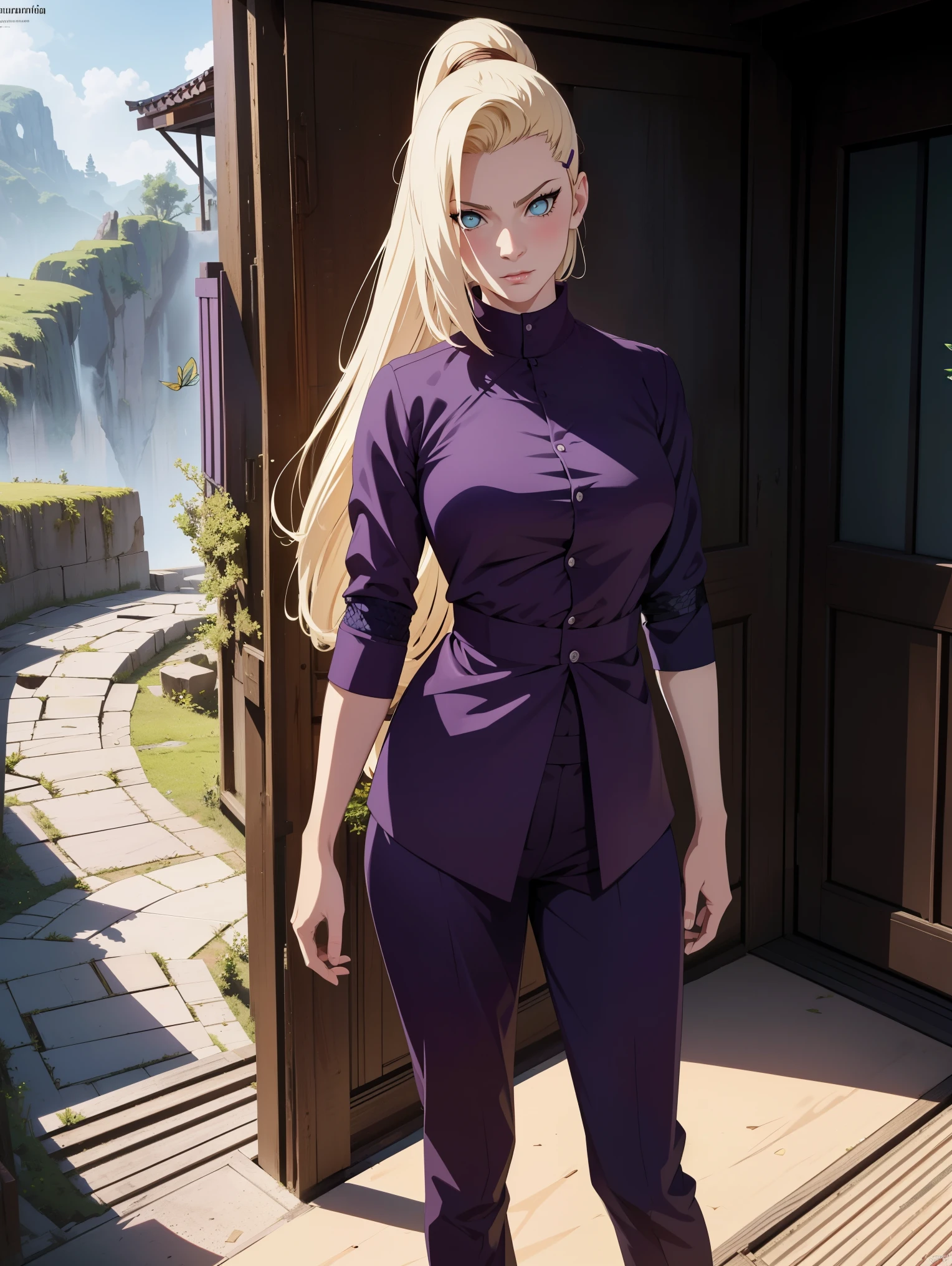 {-error_off_Anatomi:1.0} anime styling, Obra off arte, absurderes, Yamanaka Ino\(naruto\), 1 girl alone, Woman, perfect composition, offtalhado lips, beautiful  face, Body Proportion, blush, hair long blonde, blue colored eyes, purple blouse, purple pants, soft gauze, super realistico, offtalhado, sessão off fotos, Realistic faces and bodies, Obra off arte, melhor qualidaoff, Best illustration, hiper offtalhado, 1 Woman, standing alone, glamorous, blushful, trunk, fighting, about nature, Look at the view, poses dimânicas,