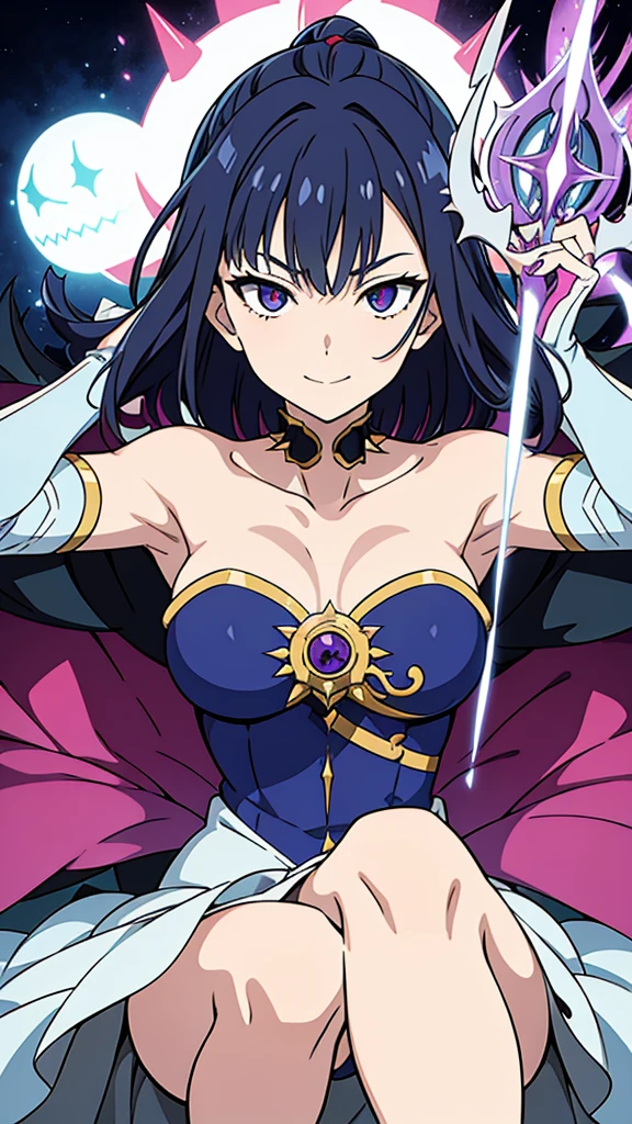 (work of art, incredible quality) hisoka style girl, sorceress pose, evil eyes, evil smile. Funny spiky hair.