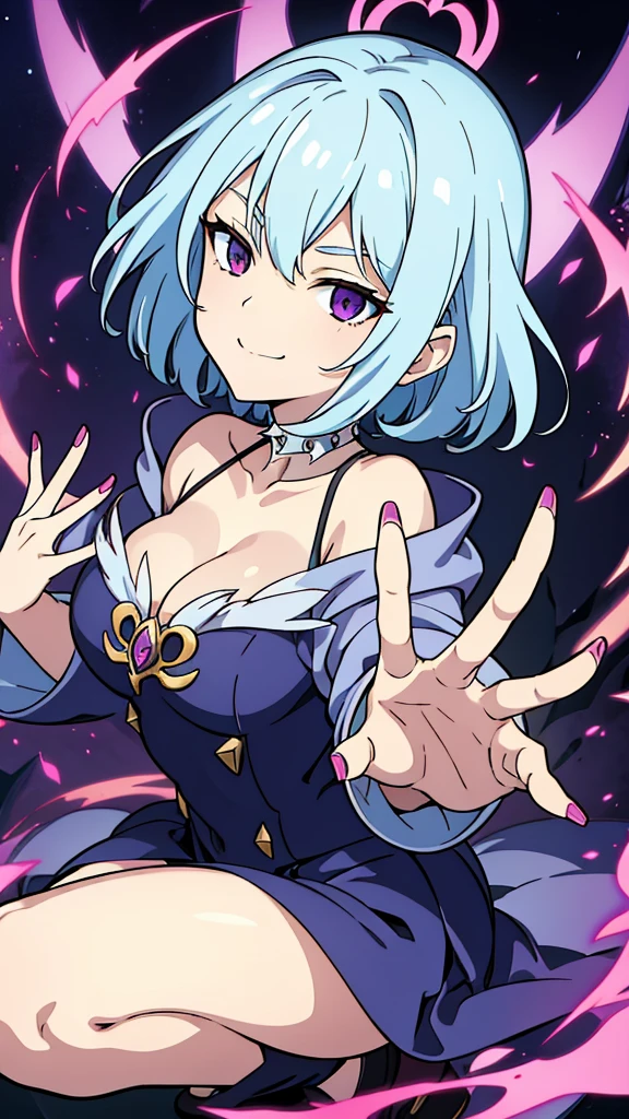 (work of art, incredible quality) hisoka style girl, sorceress pose, evil eyes, evil smile. Funny spiky hair.