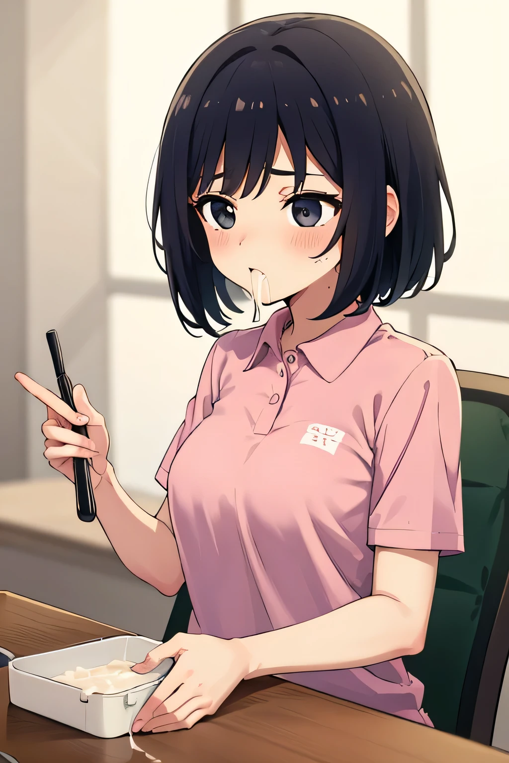 Highest quality, High resolution, 1.female, Reluctance Nausea Black eyes (There is semen on the lunch box:1) Cute Looking down Pink polo shirt  Short hair, Black Hair, table chair, Sitting,  Focus on face, lots of cum in mouth, penis, fellatio(Subjective)