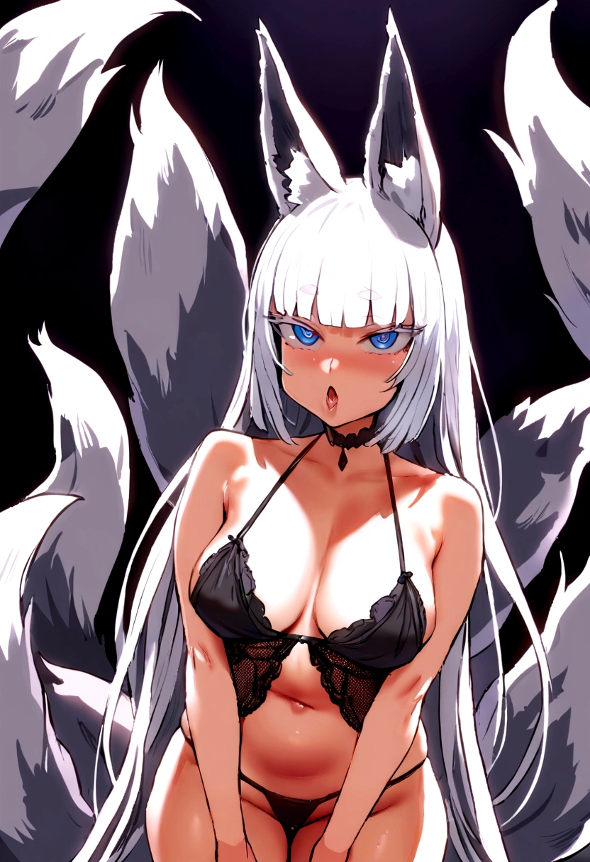 masterpiece, best quality, kitsune 1girl, solo, beautiful kitsune woman, fox ears, bangs, white hair, very long hair, blue eyes,  ahegao, medium breasts, black choker, black bra, black panties, 5 white fox tails, white hair, cowboyshot, looking at viewer