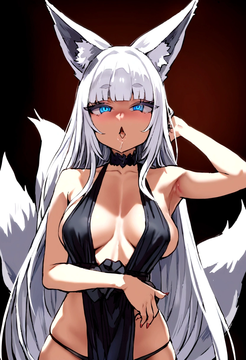 masterpiece, best quality, kitsune 1girl, solo, beautiful kitsune woman, fox ears, bangs, white hair, very long hair, blue eyes,  ahegao, medium breasts, black choker, black bra, black panties, 5 white fox tails, white hair, cowboyshot, looking at viewer