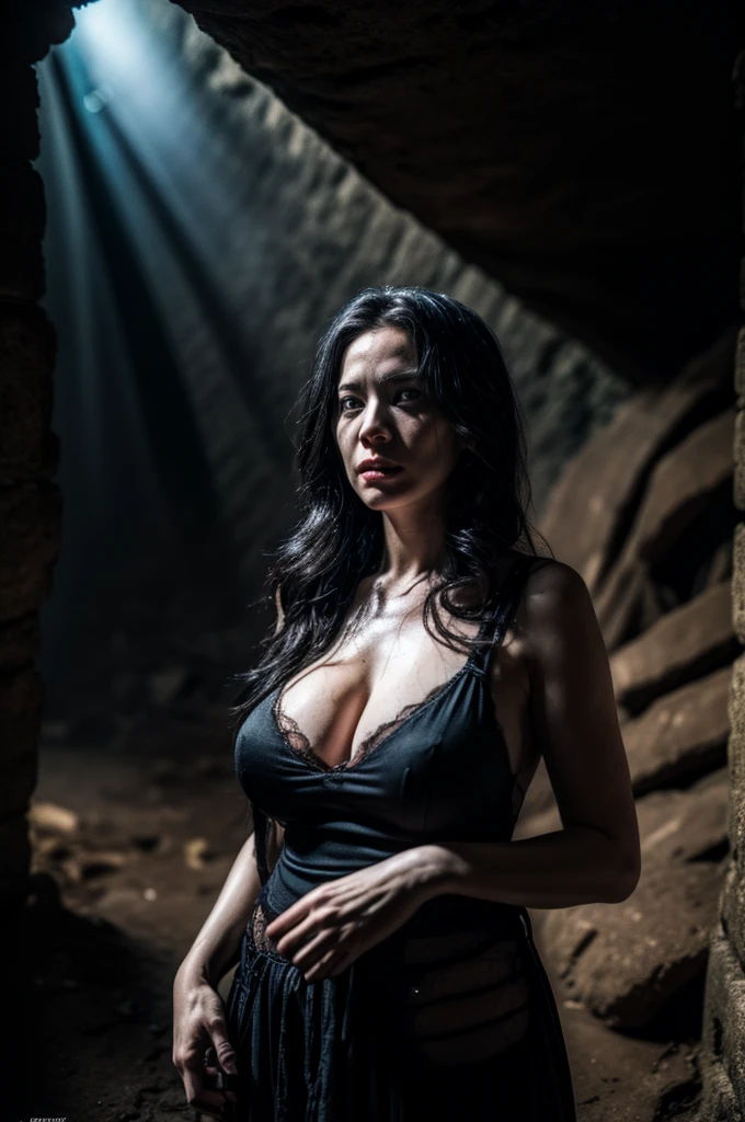 dark atmospheric horror, middle aged sexy cyberpunk witch coven in a cave, (RAW photo, real, best quality, masterpiece:1.2), detailed, (hyper realistic, photo-realistic:1.2), high quality, (dark lighting:1.2), perfect lighting