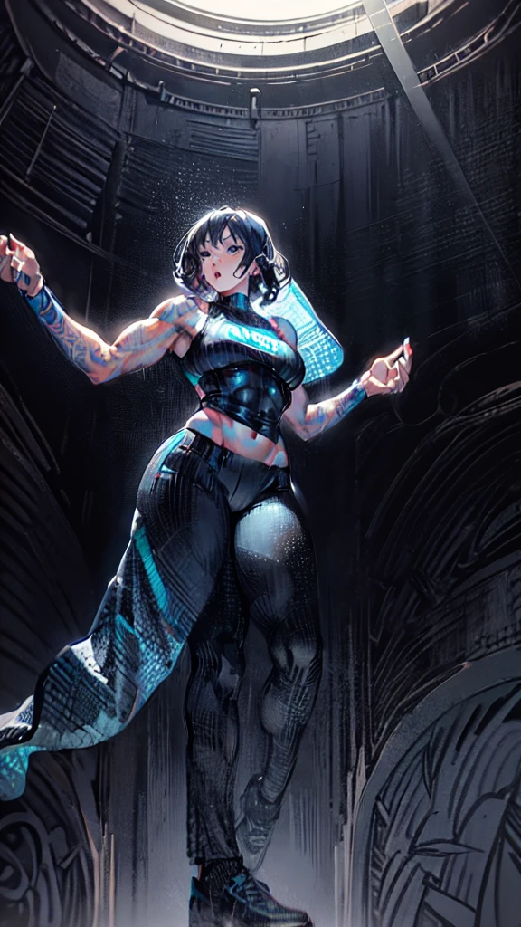 a drawing of a woman in a sport style wearing a black crop top and black pants, muscular abs girl, female arms character, sci-fi, feminine and muscular, makoto, white, fubuki, (thin waist), ((curvy)), ((wide hips)), big long curly black hair, sexy, muscular thighs, full body