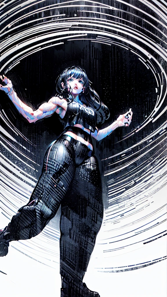 a drawing of a woman in a sport style wearing a black crop top and black pants, muscular abs girl, female arms character, sci-fi, feminine and muscular, makoto, white, fubuki, (thin waist), ((curvy)), ((wide hips)), big long curly black hair, sexy, muscular thighs, full body