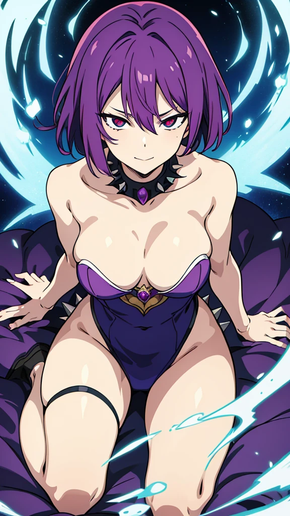 (work of art, incredible quality) hisoka style girl, sorceress pose, evil eyes, evil smile. Funny spiky hair.