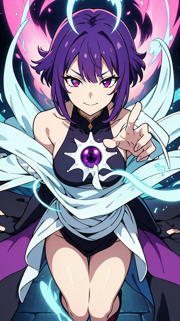 (work of art, incredible quality) hisoka style girl, sorceress pose, evil eyes, evil smile. Funny spiky hair.