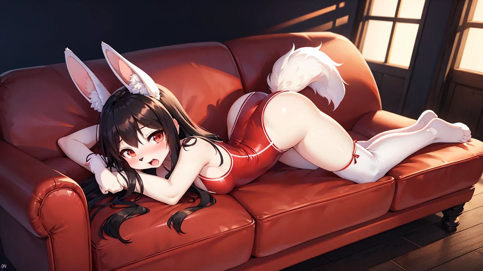 (fluffy anthro furry :1.3),(young :1.3),rabbit girl,black long hair,white fur,white rabbit tail,white rabbit ears,red onepiece swimsuit,shoulderless,bare shoulder,sleeveless,red ribbon bowtie,white fishnet stockings,open breasts,night club,white light,light and shadow,among the crowd,shy face,open mouth,full face blush,looking at viewer,crawling on red sofa,backless,sexy pose