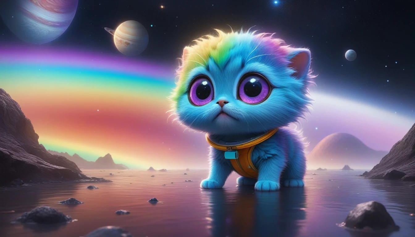 (realistic:1.3), realism, photo realistic, fluffy, cute and adorable, cute , cinematic smooth, intricate detail, cinematic, space, RGB rainbow colors, Creature, solar system, planets, space creature, fantasy, pet, enchanting, precious, loveable, funny, stars, nebula, bifrost, animal, SpaceShip, dopy, goofy, huge eyes, (wet:1.4), (hell scape background:1.3),  