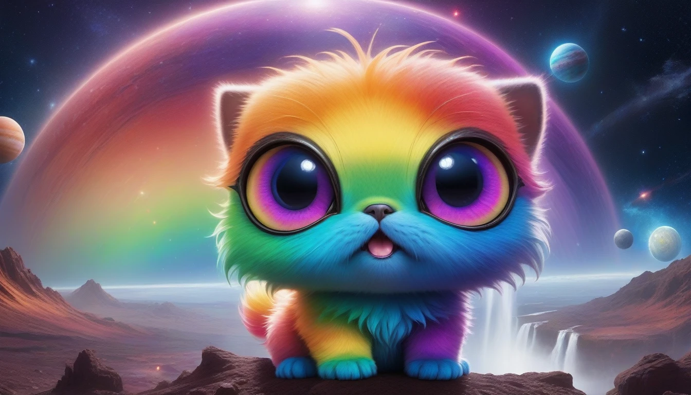 (realistic:1.3), realism, photo realistic, fluffy, cute and adorable, cute , cinematic smooth, intricate detail, cinematic, space, RGB rainbow colors, Creature, solar system, planets, space creature, fantasy, pet, enchanting, precious, loveable, funny, stars, nebula, bifrost, animal, SpaceShip, dopy, goofy, huge eyes, (wet:1.4), (hell scape background:1.3),  