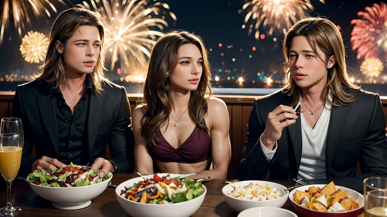 beautiful young couple, (brad pitt and natalia portman:1.2), fitness, salad eating, new years eve fireworks
