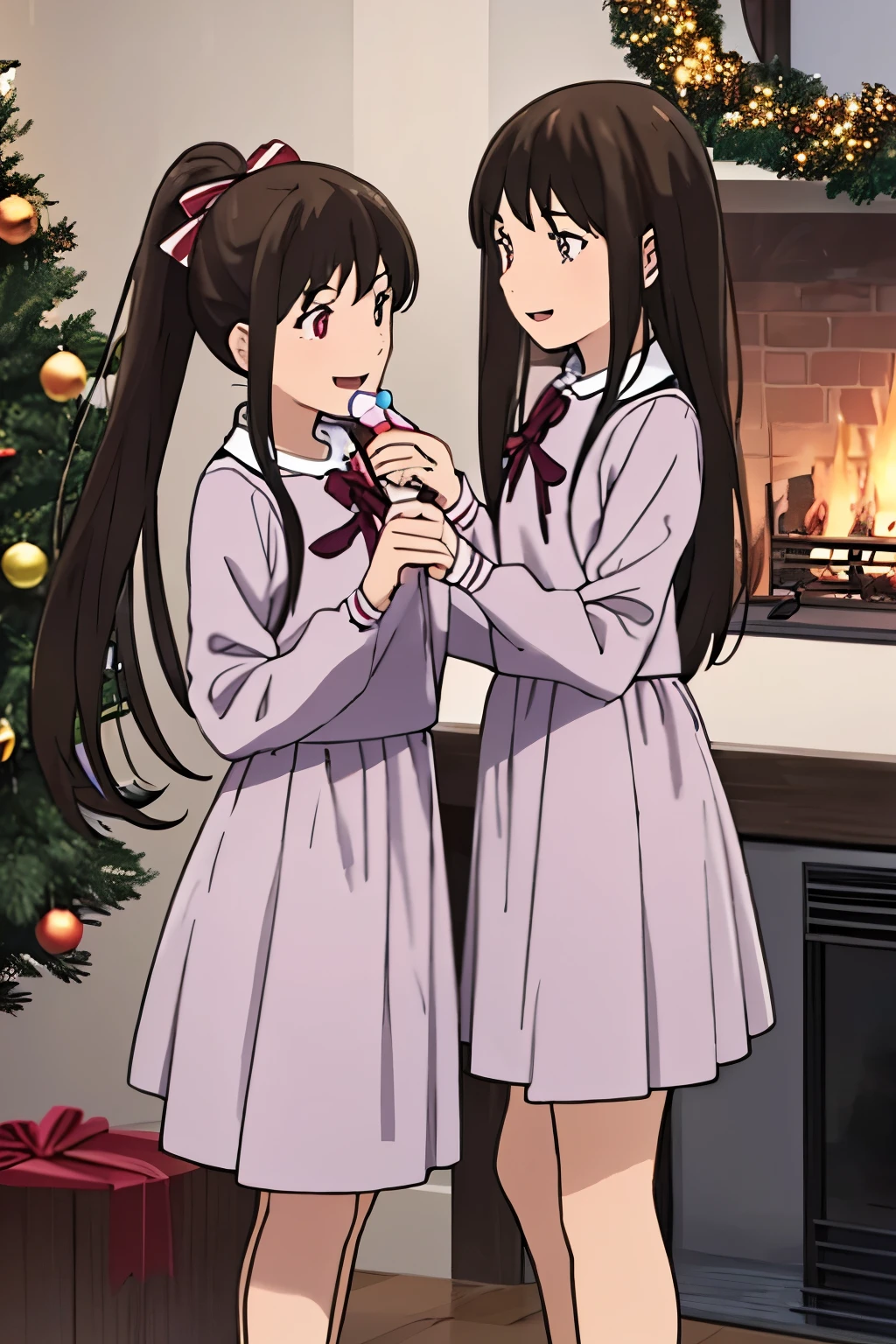 us_s2: A heartwarming scene of two best friends, both with long, wavy brown hair, sharing a moment of laughter indoors. One has a cute, red bow tied on her ponytail, while the other sports a simple, yet stylish, red headband. Their bright, sparkling eyes are filled with joy and happiness, reflecting their perfect anatomy and beautiful features. The background is adorned with a beautifully lit Christmas tree, adorned with red Christmas dresses and candy cane stockings. The intense warmth from the fireplace creates a soft glow on their shiny skin, adding to the overall cozy atmosphere. One of them is smiling widely, showcasing perfect