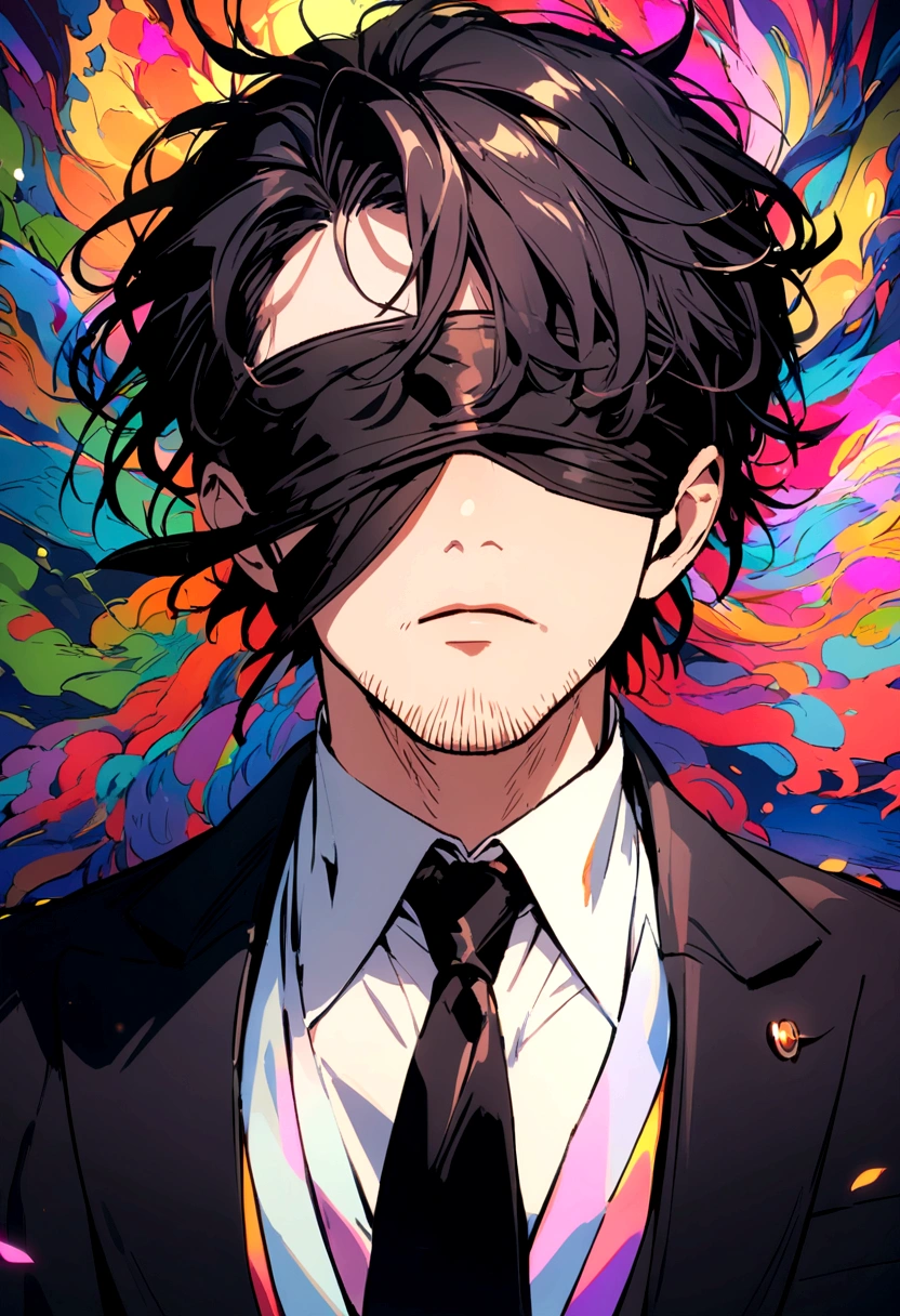 Young handsome man with a blindfold over his eyes in a suit, light stubble, face centered in the lens, short hair on his head 