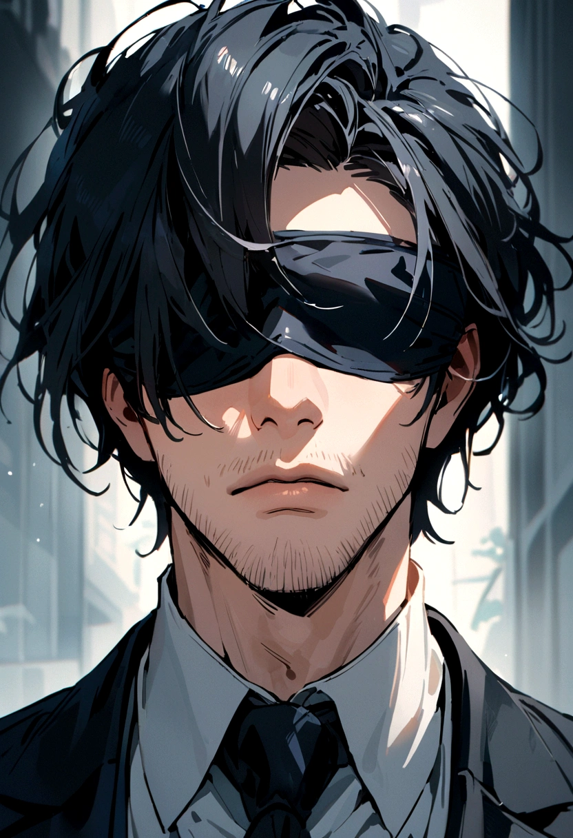 Young handsome man with a blindfold over his eyes in a suit, light stubble, face centered in the lens, short hair on his head 