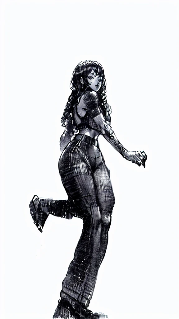 a drawing of a woman in a sport style wearing a black crop top and black pants, muscular abs girl, female arms character, sci-fi, feminine and muscular, makoto, white, fubuki, (thin waist), ((curvy)), ((wide hips)), big long curly black hair, sexy, muscular thighs, full body