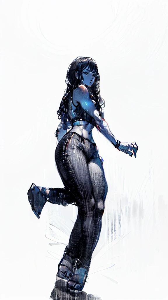 a drawing of a woman in a sport style wearing a black crop top and black pants, muscular abs girl, female arms character, sci-fi, feminine and muscular, makoto, white, fubuki, (thin waist), ((curvy)), ((wide hips)), big long curly black hair, sexy, muscular thighs, full body