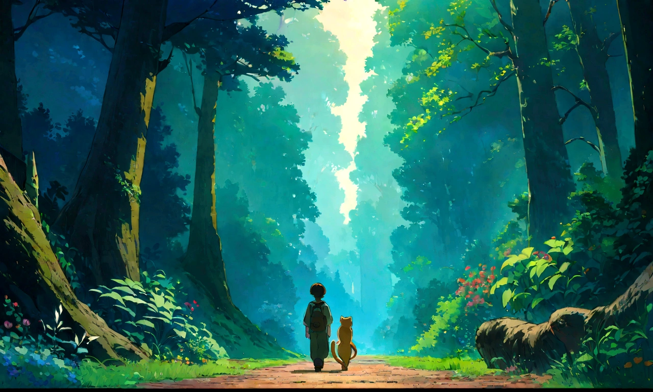 Studio Ghibli-style anime movies, Movie stills, Highest quality, masterpiece, Representative works, Official Art, Professional, Super intricate details, 8K,There is a cat in the distance, in the forest、relax、