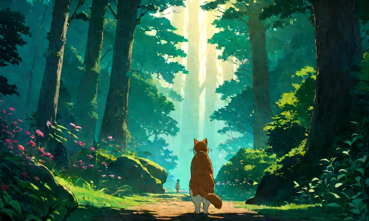 Studio Ghibli-style anime movies, Movie stills, Highest quality, masterpiece, Representative works, Official Art, Professional, Super intricate details, 8K,There is a cat in the distance, in the forest、relax、