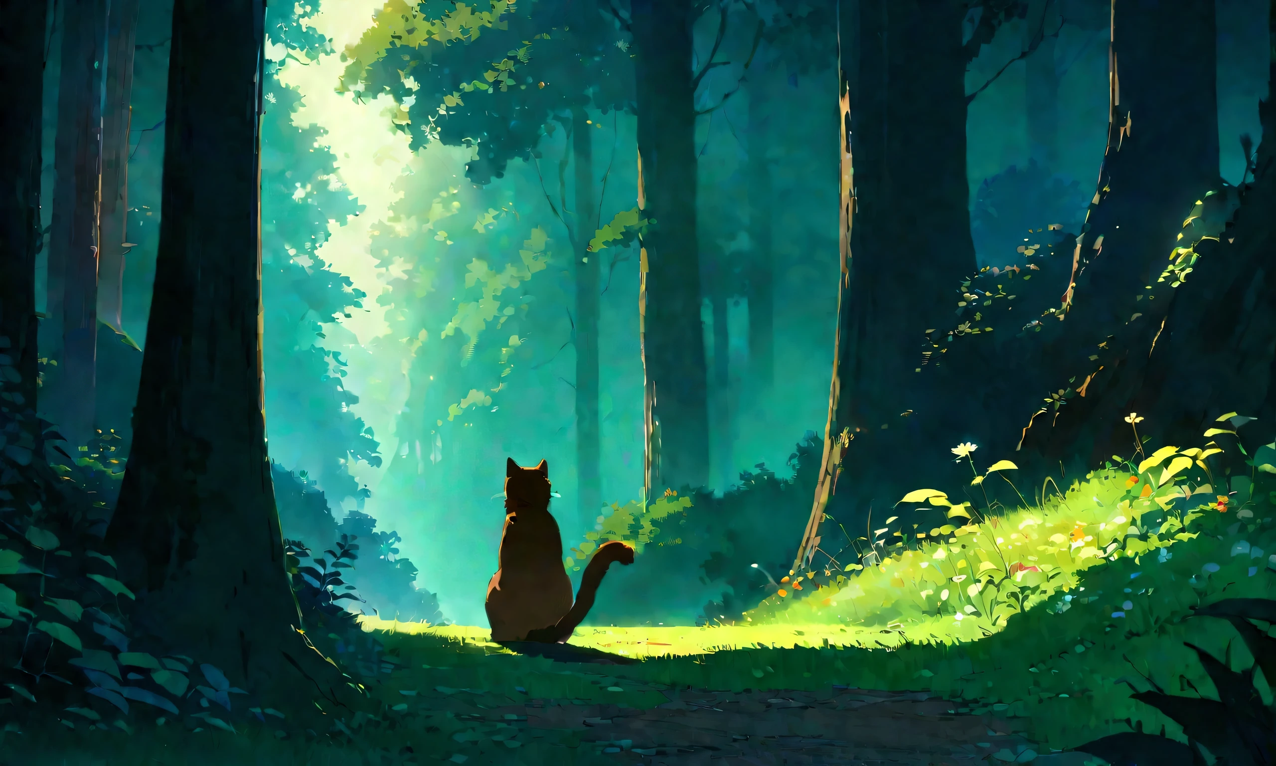 Studio Ghibli-style anime movies, Movie stills, Highest quality, masterpiece, Representative works, Official Art, Professional, Super intricate details, 8K,There is a cat in the distance, in the forest、relax、