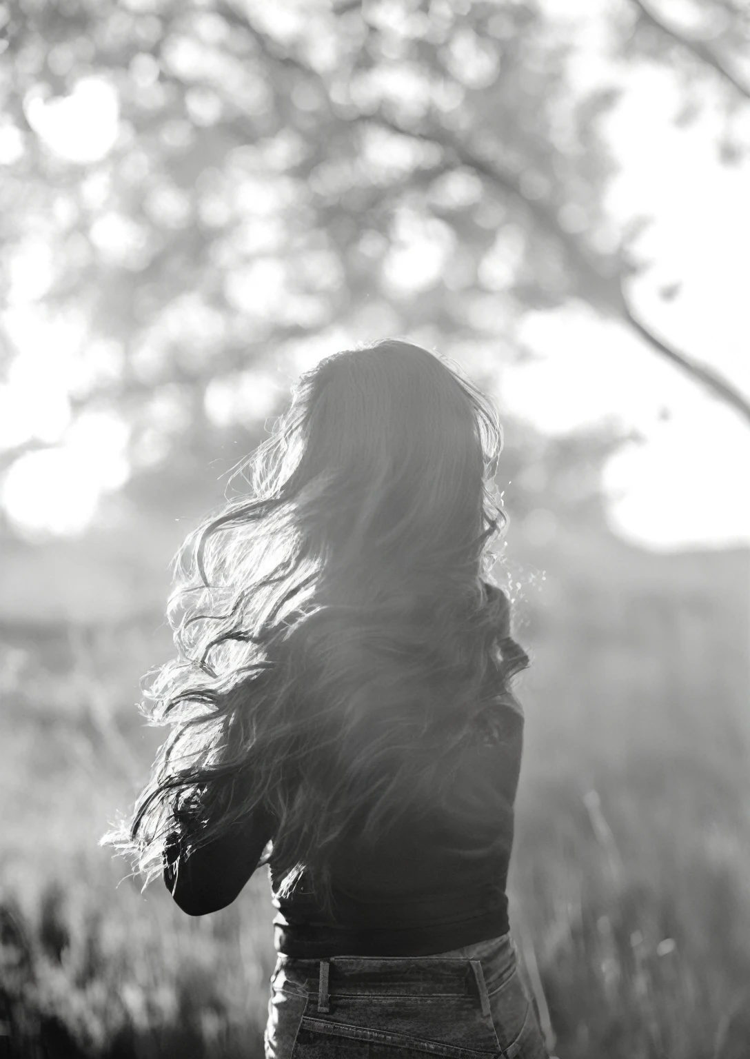 woman with long hair standing in a field with trees, backlit loose hair, ethereal backlight, hair waving in the wind, hair blowing in the wind, hair waving in the wind, long hair waving in the wind, hair floating in the wind, hair waving in the wind, wind blows and hair flows, hair blown by the wind, black white photography, analog photography