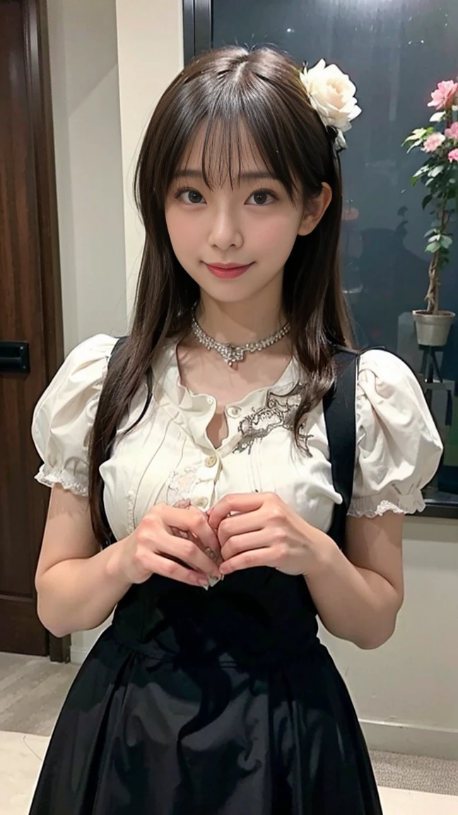 1 Nogizaka Musume、very cute、beautiful girl、19 years old、(gothic fashion)、beautiful face, Exquisite details of eyes and skin、fine black shiny hair、Classy ruffles、frilled tie、ribbon tie、rose hair accessories、(smile at the camera)、(cowboy shot)、(sea of europe)、professional lighting、break、(realistic、Photoreal:1.37)、8K、(masterpiece)、(highest quality:1.4)、(Super high resolution:1.2)、 (Raw photo:1.2)、(delicate lace、soft fabric、beautiful rose pattern dress)、perfect anatomy、4 fingers and 1 thumb、seaside background、(Wallpaper by Unity 8K)