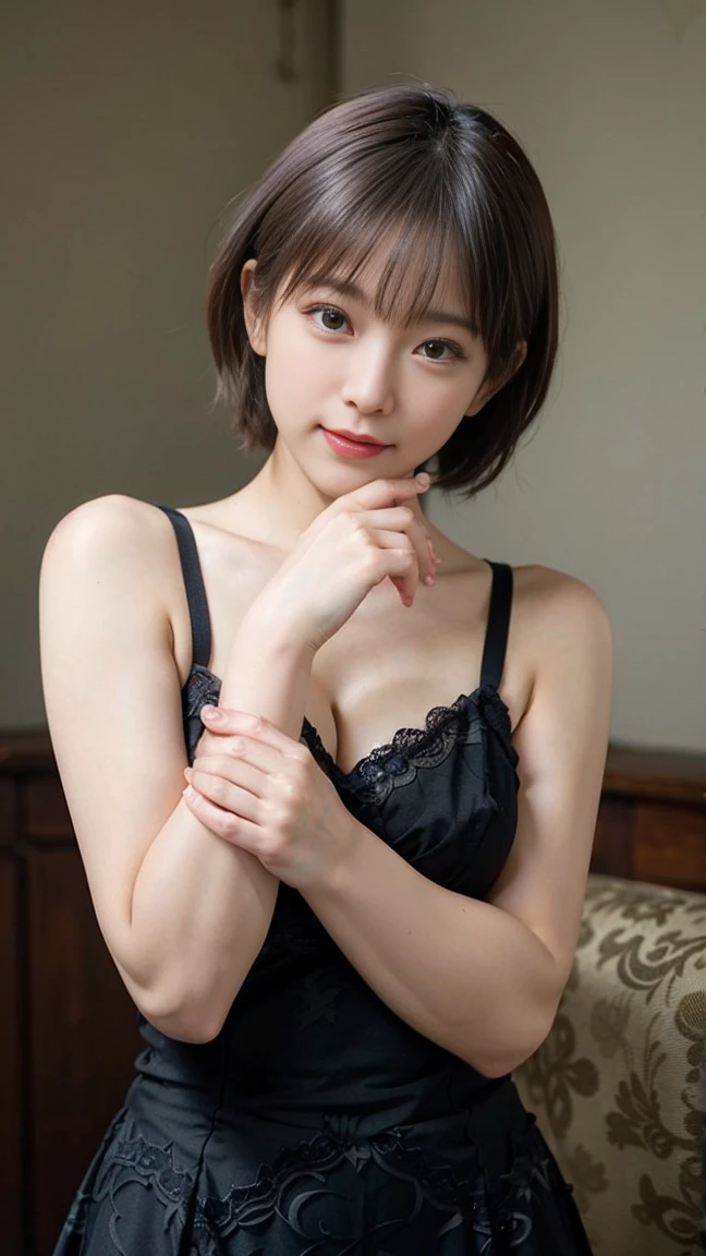 1 Nogizaka Musume、very cute、beautiful girl、19 years old、(gothic  fashion)、beautiful face, Exquisite details of eyes and skin、fine black shiny hair、Classy ruffles、frilled tie、ribbon tie、rose hair accessories、(smile at the camera)、(cowboy shot)、(sea of europe)、professional lighting、break、(realistic、Photoreal:1.37)、8K、(masterpiece)、(highest quality:1.4)、(Super high resolution:1.2)、 (Raw photo:1.2)、(delicate lace、soft fabric、beautiful rose pattern dress)、perfect anatomy、4 fingers and 1 thumb、seaside background、(Wallpaper by Unity 8K)
