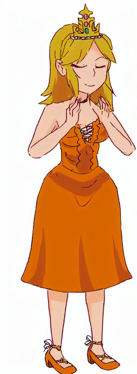 a cartoon girl in a dress with a crown on her head, nami from one piece, in dress, she has long orange brown hair, pocahontas, !!full body portrait!!, wearing orange sundress, concept piece, diseny animation style, nami one piece, inspired by Chica Macnab, megara