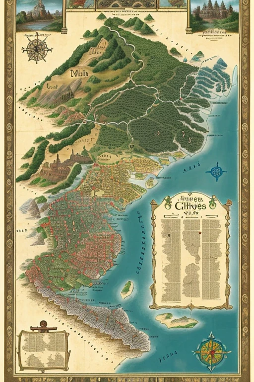 old map, fantasy style, seven cities with huts, a forest, two seas, a huge central city with castles, mountains , paths trees, distance between cities, each city separated by a river or forest, let ancient cities draw attention, vikings style 