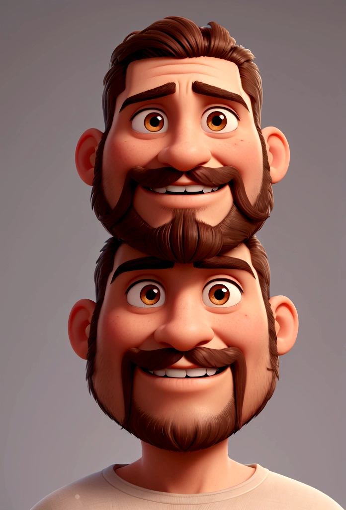 The person in the image has a friendly and confident expression. Your hair is short and well groomed, with a defined hairline. Eyebrows are thick and well-defined, the eyes are dark and expressive. His smile is wide and reveals straight, white teeth.. The beard is full, covering the jaw and chin, and connects to the mustache, which is well trimmed. The face is oval in shape with a well-defined bone structure. dark skin tone