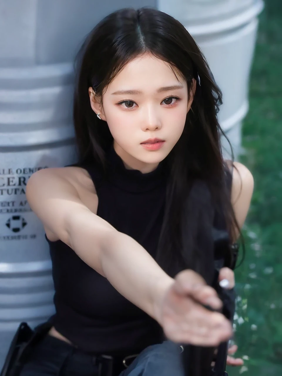 A young woman standing on the street, blur background, beatiful, photorealistic
