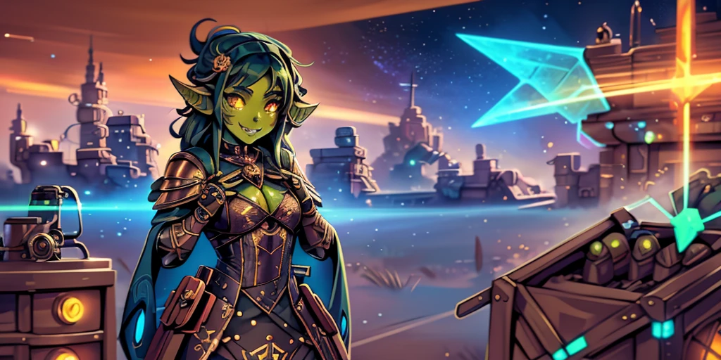 Ancient anime style, artbook, comicbook, RPG, futuristic medieval.  Goblin God, with human face with glowing tribal magic tattoos, neon details, with technological tribal armor with glowing magic marks, full body, bare feet, spear with glowing magic marks.  Epic scene, wide and deep scenery, with several depth planes, stylish and dynamic pose.  In the middle of a magical steampunk technological village, mixing technology and vegetation, buildings with neon details and glowing magical vegetation, magical technological airships with shiny details inspired by ships flying in the sky.