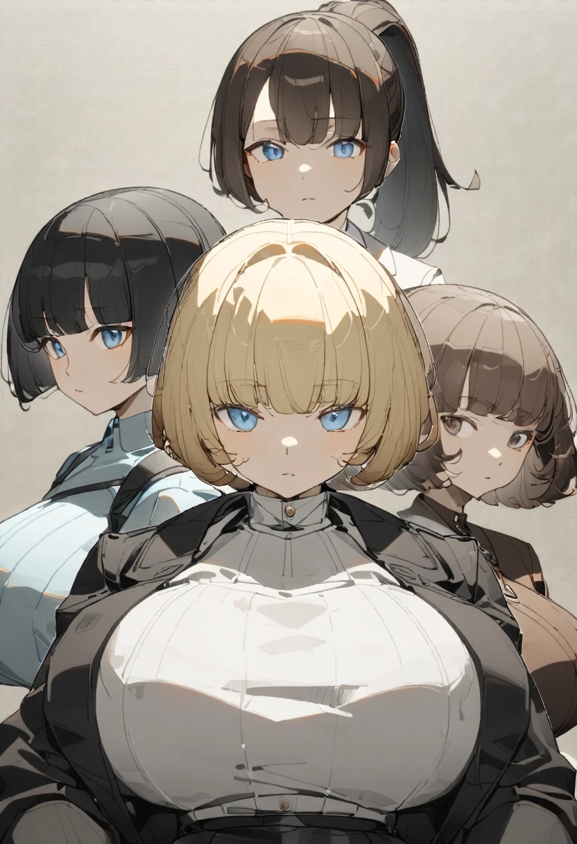 ((Highest quality, 8K, masterpiece:1.3)),Three Women、3girls、 sharp:1.2, Beautiful woman with perfect figure:1.4, Slim Abs:1.2, ((Huge boobs:1.5,sagging breast:1.5)),Highly detailed face and skin texture,Detailed eyes,double eyelid、Blonde、Bobcut、Bob Hair、Pale blue eyes、Brown Hair、ponytail、Black Hair、Hair with a loose perm