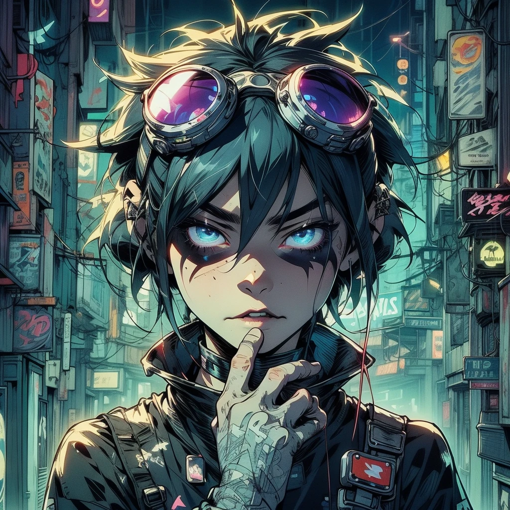 Ultra HD, anime realistic. Badass South Asian girl with short, windblown black hair and piercing electric blue eyes. Smirking confidently, she leans against a graffiti-covered wall in a neon-lit cyberpunk alleyway. Clad in a black tactical outfit with exposed arm guards, she grips a glowing katana at her side.
