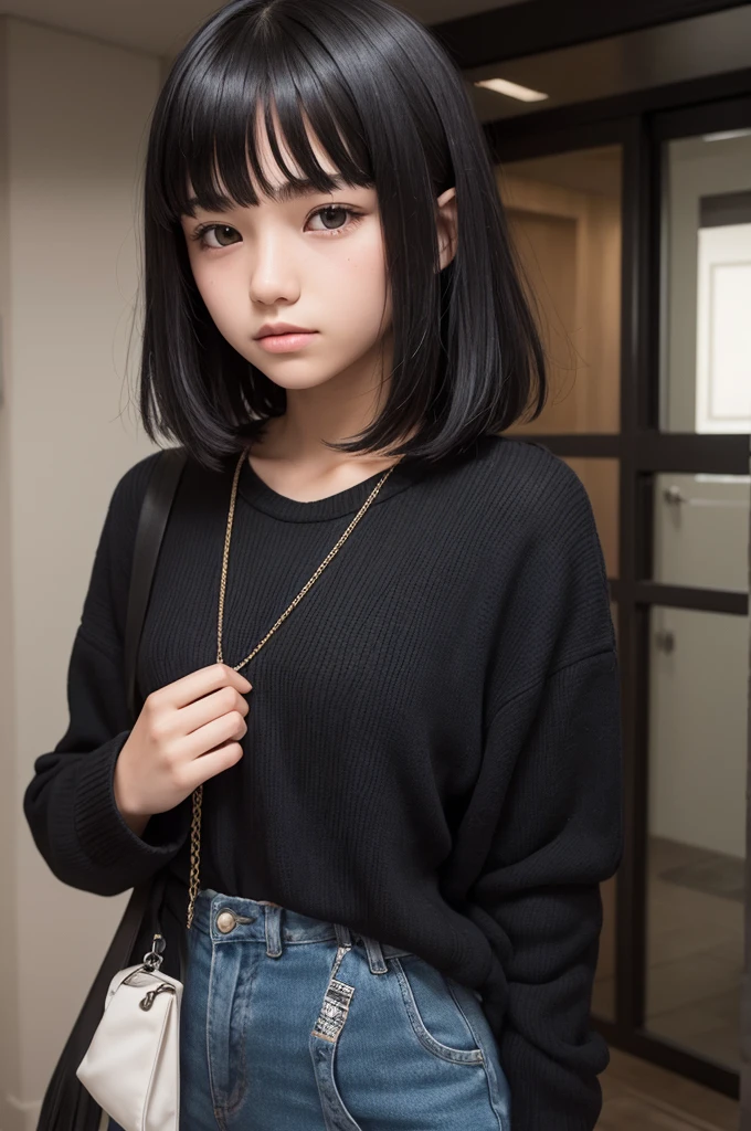 Make a 16 year old teenager, with medium hair, black and fringe, There&#39;s a strand of blonde bangs and the back of the head too, dark brown eyes, round glasses, not too big 