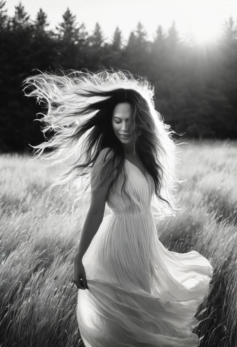 woman with long hair standing in a field with trees, backlit loose hair, ethereal backlight, hair waving in the wind, hair blowing in the wind, hair waving in the wind, long hair waving in the wind, hair floating in the wind, hair waving in the wind, wind blows and hair flows, hair blown by the wind, black white photography, analog photography