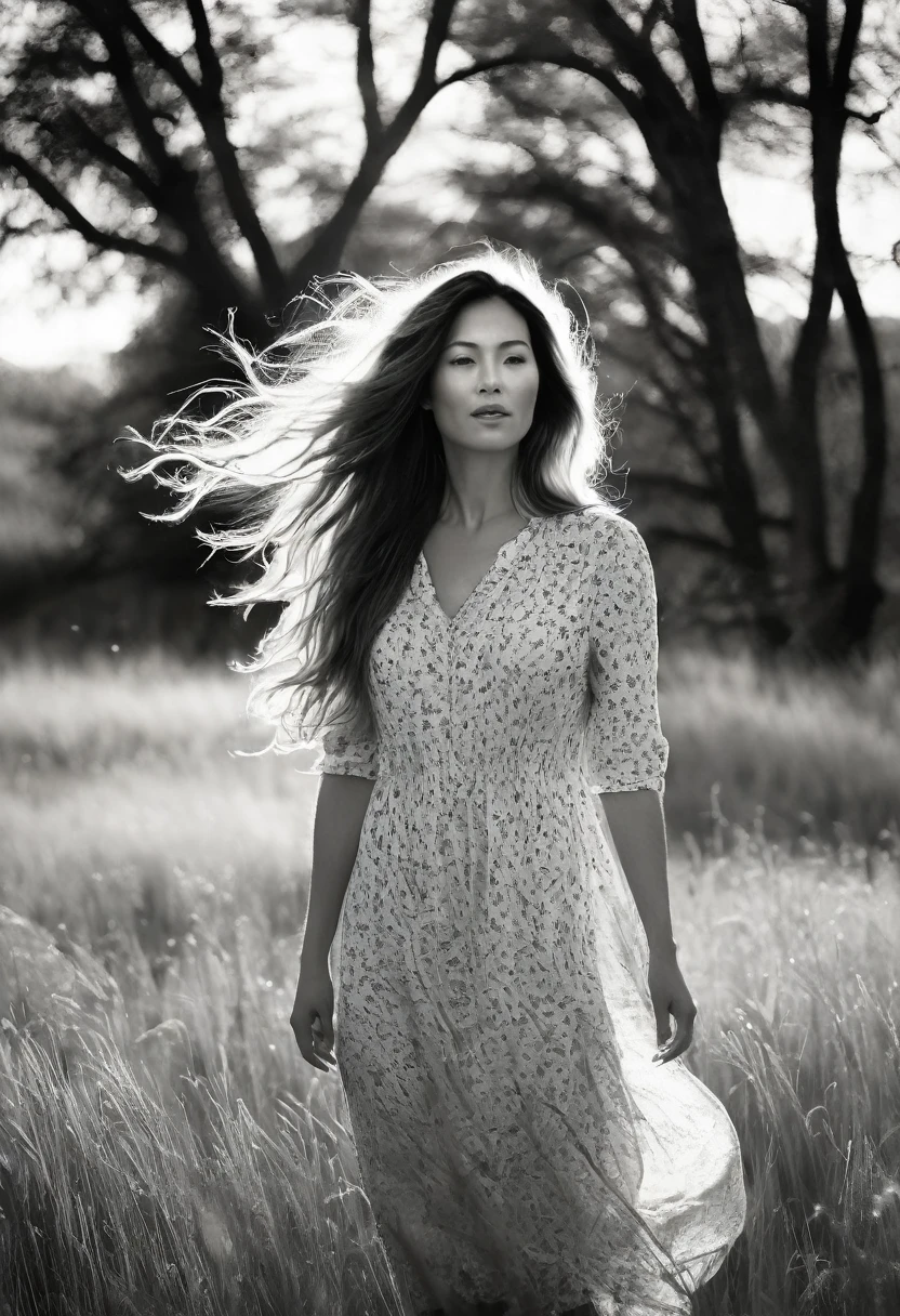 woman with long hair standing in a field with trees, backlit loose hair, ethereal backlight, hair waving in the wind, hair blowing in the wind, hair waving in the wind, long hair waving in the wind, hair floating in the wind, hair waving in the wind, wind blows and hair flows, hair blown by the wind, black white photography, analog photography