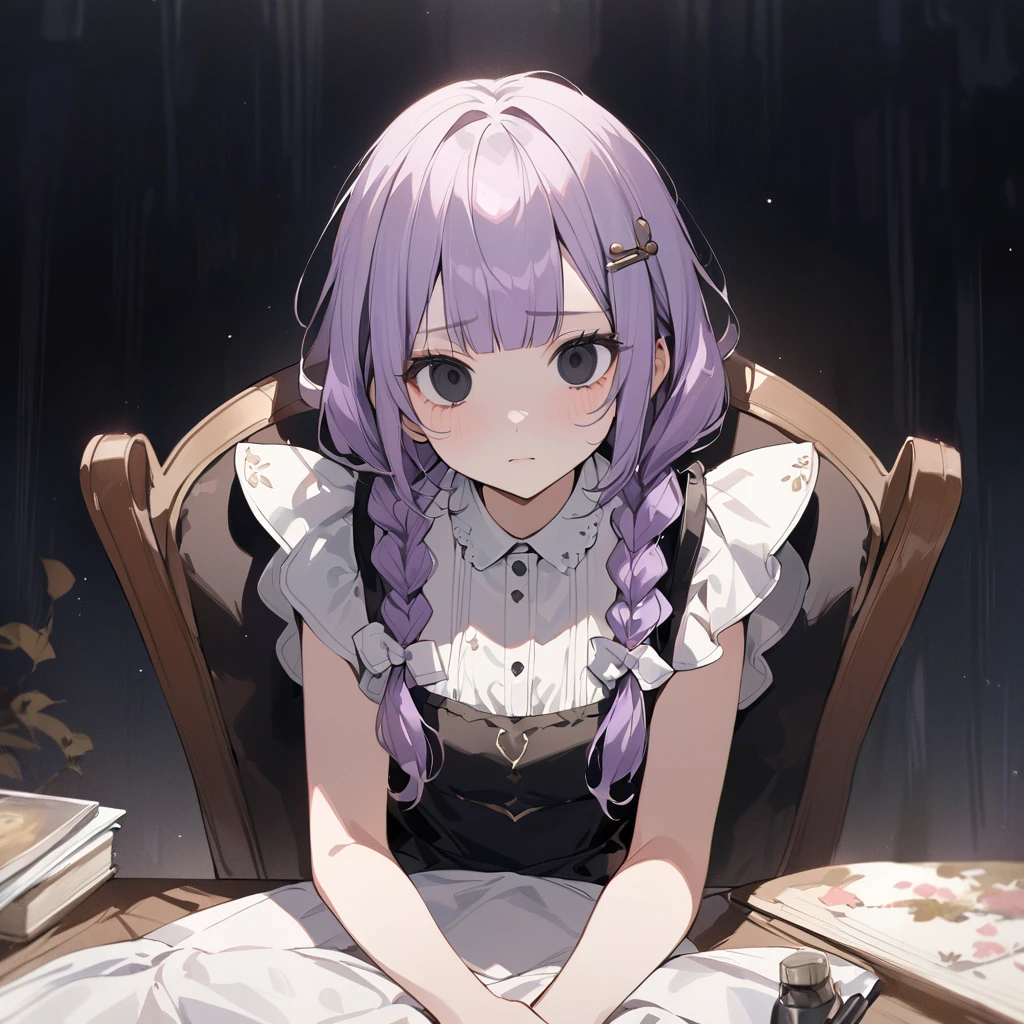 masterpiece, ultra detailed, 8K, full body shot,, a girl, kawaii, light atmosphere, (Cute a girl:1.5), (a girl with closs hair pin, pale purple hair, wavy two braids, blunt bangs hair, green and black eyes empty eyes, yandere, portrait:1.4), anime visual, (tilt head:1.3), extremely delicate face, realistic lighting and shading, (an extremely delicate and beautiful art:1.3),Watercolor painting, a girl, Slender girl with small breasts, Black maid dress, Sitting helplessly in a chair, expressionless, eyes unfocused, large tears spilling from the eyes,