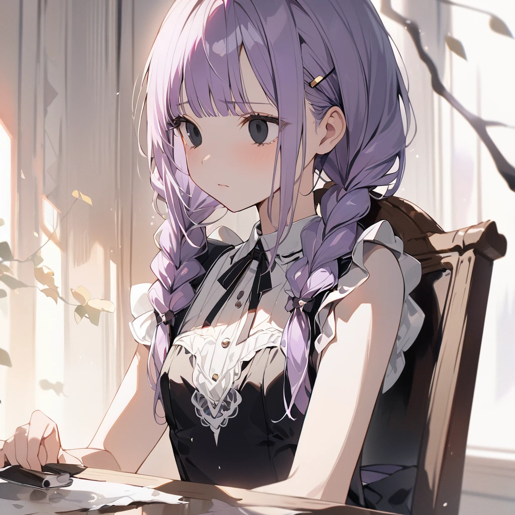 masterpiece, ultra detailed, 8K, full body shot,, a girl, kawaii, light atmosphere, (Cute a girl:1.5), (a girl with closs hair pin, pale purple hair, wavy two braids, blunt bangs hair, green and black eyes empty eyes, yandere, portrait:1.4), anime visual, (tilt head:1.3), extremely delicate face, realistic lighting and shading, (an extremely delicate and beautiful art:1.3),Watercolor painting, a girl, Slender girl with small breasts, Black maid dress, Sitting helplessly in a chair, expressionless, eyes unfocused, large tears spilling from the eyes,