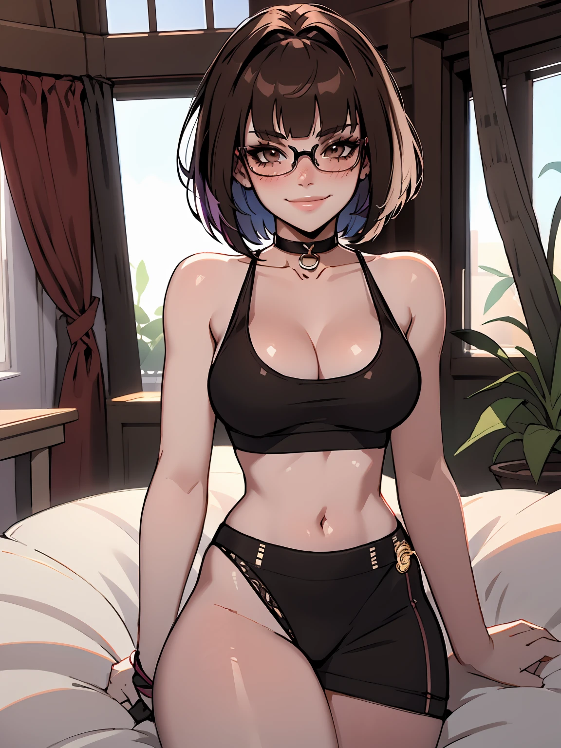 Woman, skinny fit and toned body, thick breasts, cleavage, straight short brown hair with bangs, circle glasses, skimpy tank top bra, string thong, choker, sexy lounging undressing, soft smile, blushing