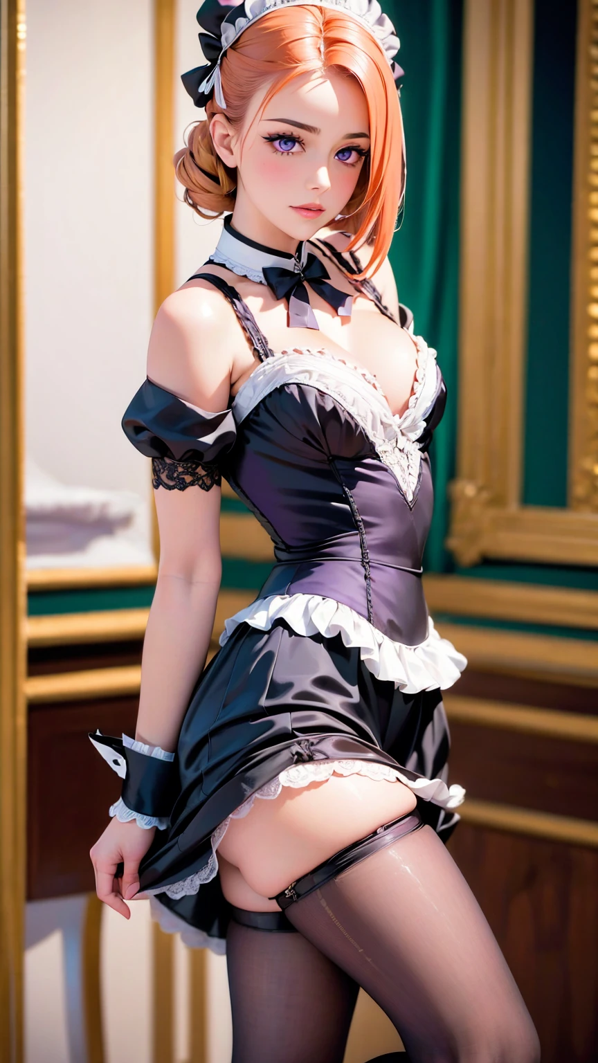 masterpiece, best quality, 1girl, purple eyes, orange hair, maid headdress, maid, intricate details, elegant pose, beautiful detailed eyes, beautiful detailed lips, extremely detailed face, delicate features, cinematic lighting, warm color palette, soft focus, photorealistic, highly detailed, digital art, seductive pose, showing legs, sexy ankles, flirting, black and white maid uniform, elegant pantyhose, (focus on legs), showing legs. nylon flirt