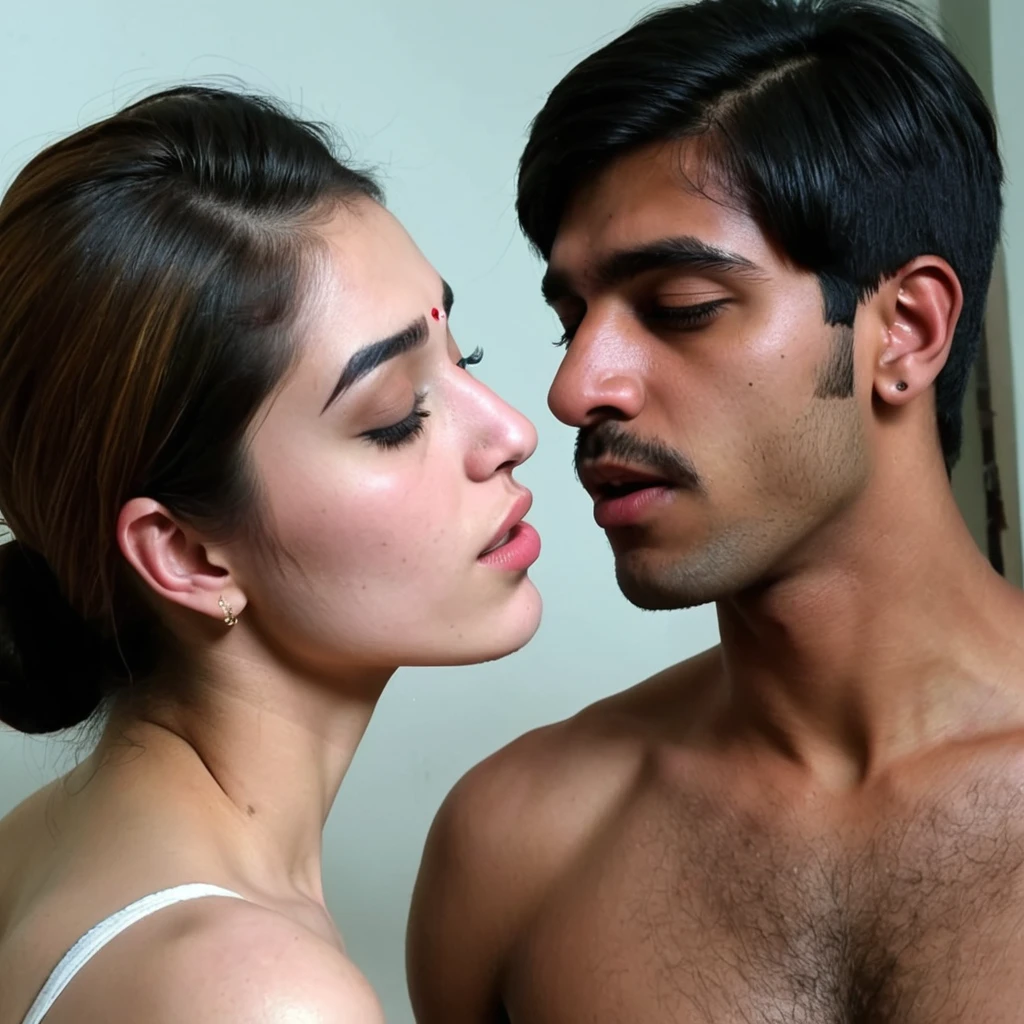 Pale skin bun hair kurdish nude teen kissing a Indian man in house consistent fixed