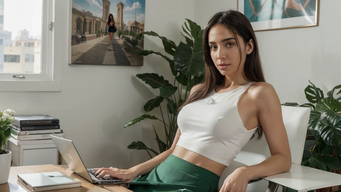 Skinny tall pretty lebanese jennifer connelly, 23 years old, horny look, on her desk, art magazines, laptop, white crop top, close to the body, tight clothes, emerald green jupe skirt, in an office, beirut view, 4K resolution, realistic, highly detailed face, high-definition, lifelike skin texture, sharp eyes, well-defined features, natural lighting, high-quality smartphone photo, nearly DSLR quality, vivid colors, fine details, photorealistic, natural expression, high clarity, flawless, no noise, no blurs, no imperfections, ultra-clear, pristine, immaculate, perfect resolution, sitting on a chair , looking at her laptop, looking at the laptop, laptop look